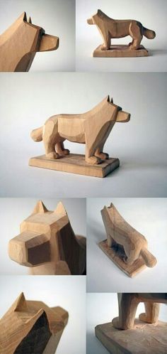 four different views of a wooden sculpture of a dog