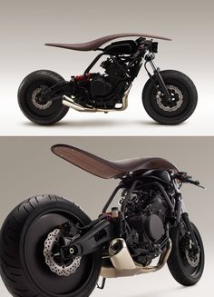 two different views of a motorcycle with the front and rear wheels facing each other,