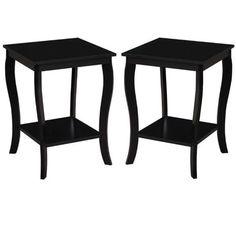 pair of black end tables with shelfs