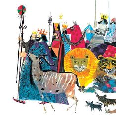 an artistic painting of animals and people dressed up in colorful clothing, including zebras, lions, giraffes