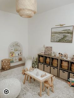 a child's playroom with toys and baskets