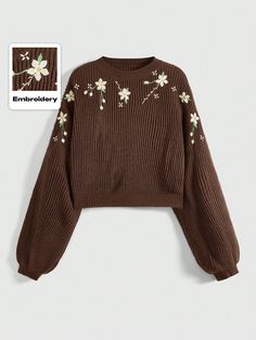 Women Loose Cottagecore Embroidered Short Pullover Sweater Brown Casual  Long Sleeve Knitwear Floral,Plants Pullovers Medium Stretch  Women Clothing, size features are:Bust: ,Length: ,Sleeve Length: Cottagecore Plants, Plus Size Cottagecore, Flower Clothes, Loose Turtleneck Sweater, Floral Clothes, Short Pullover, Pull Oversize, Velvet Clothes, Sweater Brown