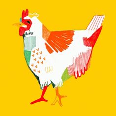 a drawing of a rooster on a yellow background with red, white and green colors