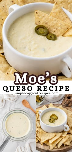 the recipe for quesadilla soup is shown in three different pictures and includes tortilla chips