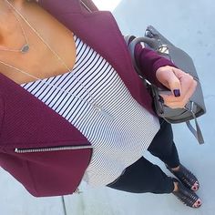 Express Burgundy Moto Jacket + striped cami + black skinnies + black caged sandals [Instagram: @ontheDailyX] Burgundy Blazer, Purple Jacket, Looks Chic, Look Plus, Work Attire, Looks Style, Black Skinnies, Work Fashion, Fall Winter Outfits