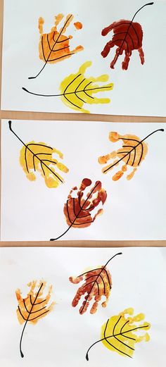 three handprints with leaves painted on them, one is orange and the other is yellow