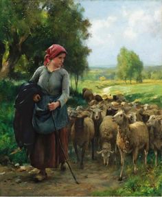 a painting of a woman leading a flock of sheep