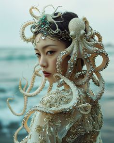 a woman with an octopus headdress and pearls in her hair is standing near the ocean