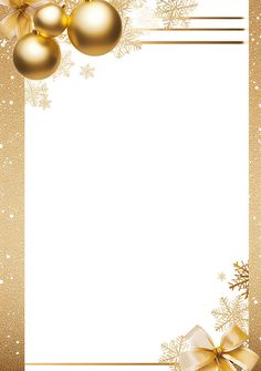 a christmas card with gold balls and snowflakes on the border, as well as a bow