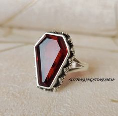 Garnet Coffin Shape Ring, Handmade Ring, Silver Ring, 925 Sterling Silver Ring, Boho Ring, 15X20 mm Gemstone Ring, Coffin Ring, Gift For He Metal :- Sterling Silver 925  Gemstone :- Garnet   Stone Shape :- Coffin Shape 15x20 mm  Stone Color :- Red   Style : Statement Ring Ruby Coffin Ring, Gothic Rings Engagement, Goth Wedding Rings, Vampire Rings, Goth Engagement Rings, Coffin Rings, Goth Rings, Coffin Jewelry, Vampire Jewelry