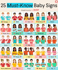 the 25 must know baby signs poster is shown in multiple colors and sizes, with different people