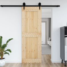 an open wooden door in a white room with wood flooring and potted plant