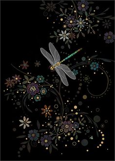 a dragonfly sitting on top of a flowery branch in the dark night sky