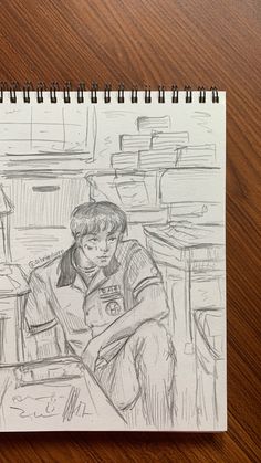 a drawing of a boy sitting at a table with his arm on the desk next to him