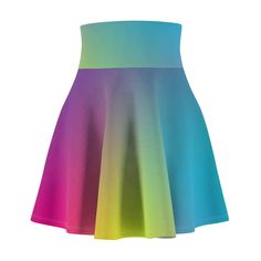 Introducing the Rainbow ombre skater skirt , designed for women who want to look stylish and feel comfortable, every day. Made from a high-quality blend of 95% polyester and 5% spandex, this skirt offers a soft, stretchy feel that moves with you. With its vibrant all-over print (AOP) and versatile flared fit, it's perfect for casual outings, weekend get-togethers, or even a night out on the town. This AOP skater skirt is not just about style, but also practicality. It features a flattering high-waisted design that complements all body types, offering a playful silhouette that transitions seamlessly from day to night. The lightweight fabric keeps you cool and comfortable, while the white-thread stitching adds a sleek touch. Plus, the skirt is assembled in the USA with globally sourced parts Rainbow Ombre, Look Stylish, The Rainbow, Fashion Games, Effortless Style, Skater Skirt, Casual Looks, Night Out, Womens Skirt