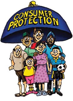 a group of people under an umbrella with the words consumer protection written on it in front of them