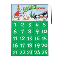 a green and white calendar with the numbers for grin's holiday counting game on it