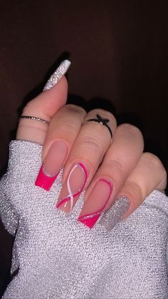 Her Nails, Acrylic Nails Coffin Pink, Pink Acrylic Nails, Neon Nails, New Year's Nails