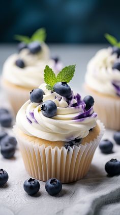 two cupcakes with white frosting and blueberries on top, surrounded by fresh blueberries