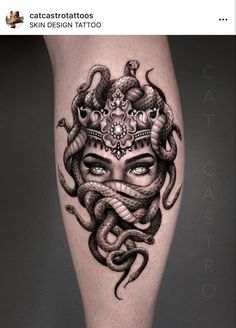 a woman's leg with an octopus tattoo on it and a crown over her head