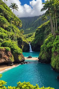 the blue water is surrounded by lush green hills and trees, with a waterfall in the middle