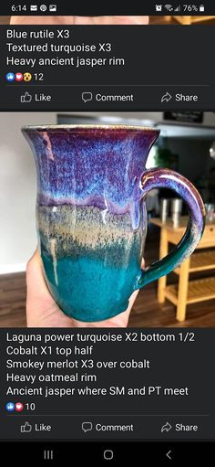 a hand holding a purple and blue mug