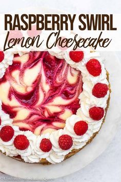 a raspberry swirl lemon cheesecake on a white plate with the title overlay