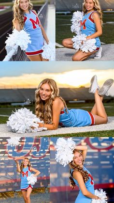 the cheerleader is posing with her pom - poms in blue and red