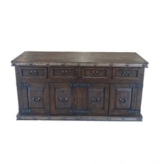 a large wooden chest with metal handles and drawers