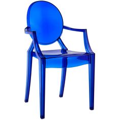 a blue plastic chair sitting on top of a white floor