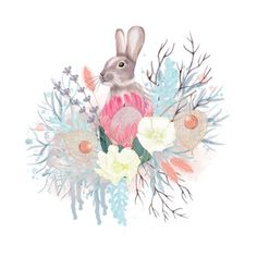 a watercolor painting of a rabbit surrounded by flowers