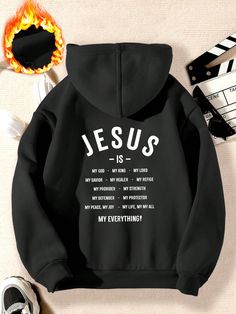 Black Casual Collar Long Sleeve Knitted Fabric Slogan Pullovers Embellished Slight Stretch Fall/Winter Tween Boys Clothing Dc Clothing, Christian Clothing Brand, Jesus Clothes, Christian Shirts Designs, Mens Casual Dress Outfits, Christian Sweatshirt, Hooded Sweatshirt Men, Men Fashion Casual Outfits