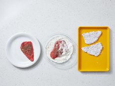 three different types of food on plates next to each other, one red and one white