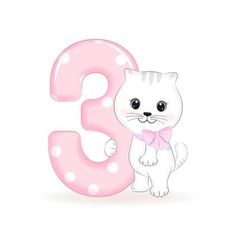 a white cat is standing next to the letter s with pink polka dots on it