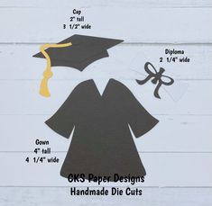 graduation cap, gown and tassel cut out on a white wooden background with measurements