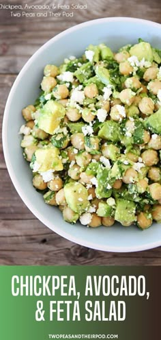 a white bowl filled with chickpea, avocado and feta salad