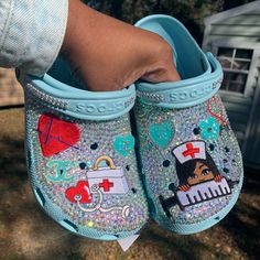 Medical Custom Bling Crocs Womens Size 9 Hand Place Stones. Water Resistant Ready To Ship. Custom Nurse Crocs, Medical Crocs Shoes, Bling Shoes Heels, Decorated Crocs, Croc Business, Bedazzling Things, Customized Crocs Shoes, Bedazzled Ideas, Designed Crocs