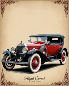 an old model t car is shown on a brown and beige background with ornate border around the edges