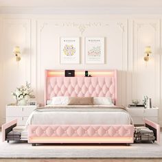 a bedroom with pink furniture and white walls