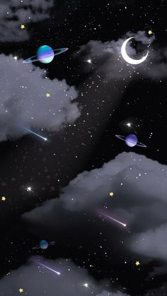 the sky is filled with stars, planets and saturnes in the night time clouds