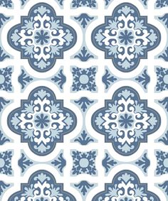 a blue and white tile pattern with an ornate design on the bottom half of it