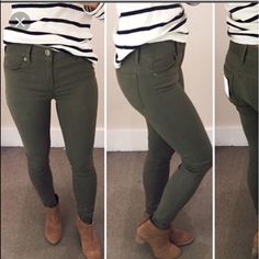 Nwt Skinny Olive Green Pants With Soft Material Fall Outfit Olive Pants, Olive Pants Women, Business Office Attire For Women, Green Jegging Outfit, Business Casual Pants For Women, Closet Staples For Women Wardrobe Basics, Olive Boots Outfit, Olive Green Pants Outfit Women Casual, What To Wear With Olive Green Pants