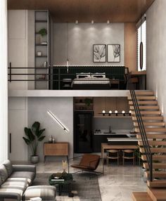 a living room filled with furniture next to a staircase