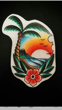 Hawaii Tattoos Traditional, American Traditional Hawaii Tattoo, American Traditional Ocean Tattoo, Traditional Beach Tattoo, Traditional Palm Tree Tattoo, Traditional Ocean Tattoo, Traditional Nautical Tattoo, Traditional Tattoo Arm, 108 Tattoo