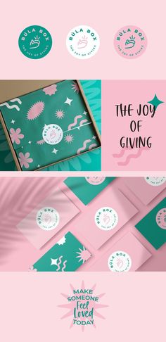 the joy of giving stickers are displayed on pink and green paper