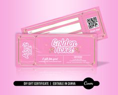 two pink tickets sitting next to each other on top of a pink background with qr code