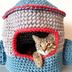 a cat is peeking out from inside a crocheted house