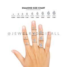 This easy-to-read, diamond size hand guide is the perfect way to show a stone size comparison on a hand for your online jewelry business. Key Features: ⭐️ Instant Digital Download: get instant access to 9 Diamond Hand Size Charts of the most popular Diamond Cuts and download right away once you place your order!  ⭐️Comprehensive Conversion: Covers a wide range of carat weights and their corresponding millimeter measurements. ⭐️User-Friendly Design: Clear, organized layout for quick reference. ⭐️ Ring Carat Size Chart, Carat Sizes On Hand, Carat Size Guide, Hand Guide, Carat Size Chart, Jewelry Knowledge, Diamond Size Chart, Jewelry Drawing, Jewelry Designers