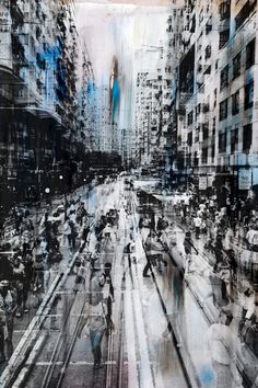 an abstract painting of people crossing the street in front of tall buildings and skyscrapers