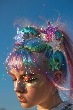 Bright Club Outfits, Galaxy Festival Outfit, Cosmic Festival Outfit, Colorful Festival Hair, Out Of This World Hairstyles, Disco Ball Hair, Space Buns Festival, Festival Hair Space Buns, 90s Neon Cosmic Carnival